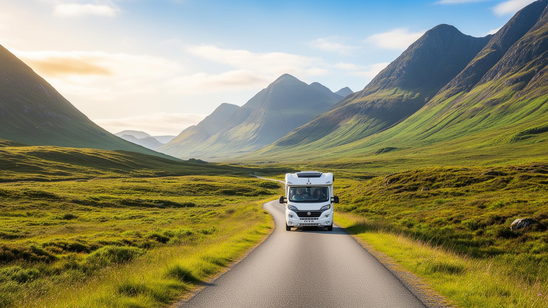 A white campervan driving on a single-track road through a Highland glen